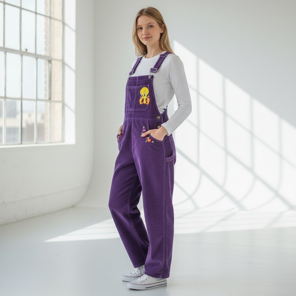 Looney Tunes Tweety Bird Purple Corduroy Overalls Kids 10 Vintage 90s Floral